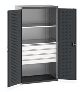 Bott cubio kitted cupboard with lockable steel perfo lined doors 1050mm wide x 650mm deep x 2000mm high.  Supplied with 4 x 125mm high drawers and 2 x metal shelves.   Drawer capacity 75kgs, shelf capacity 100kgs.... Bott 1050mm wide x 650mm deep pre Kitted cupboards with Shelves Drawers or Eurocontainers